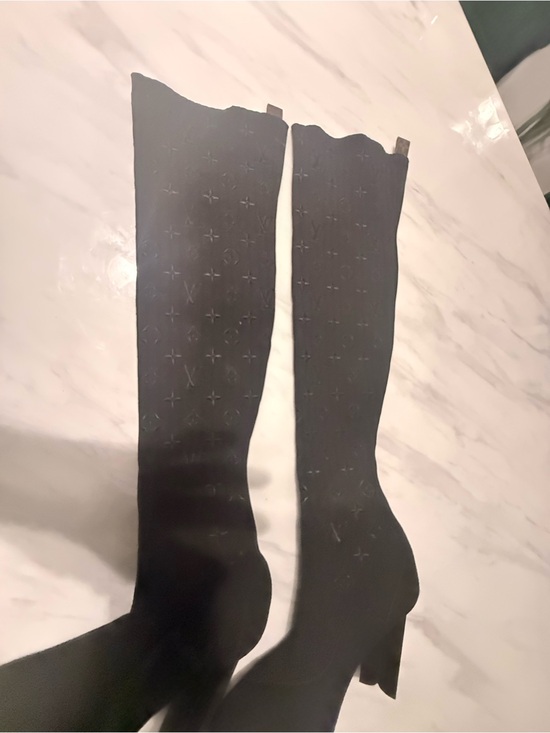 Louis Vuitton Shoes - Louis Vuitton Black Over-the-Knee Monogram Stretch Boots with Block Heel